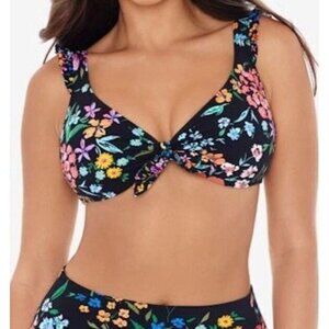 Miraclesuit Skinny Dippers Bikini Top Womens Small Swimsuit Black Floral NEW $80